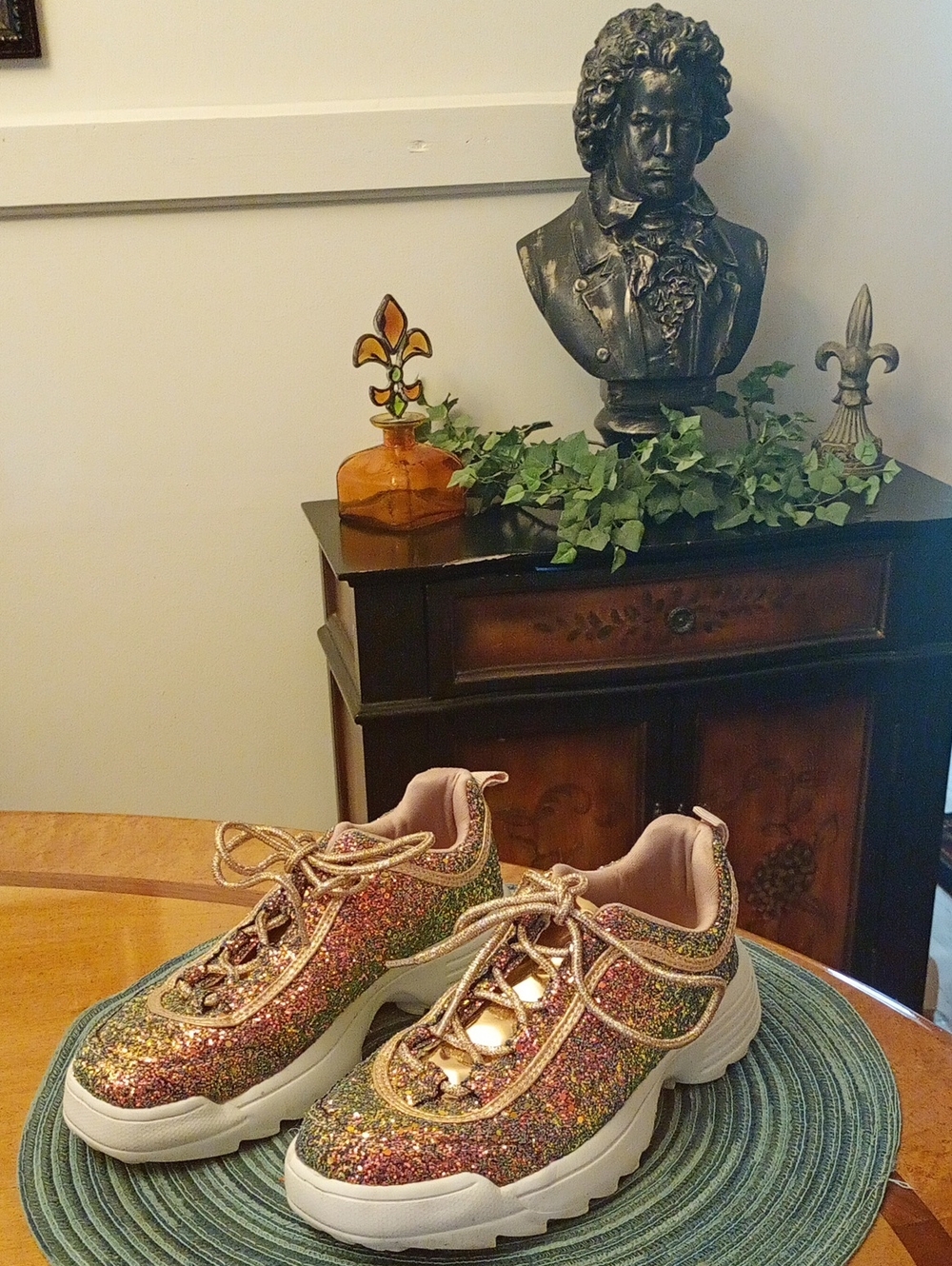 Forever 21 Glitter Multicolor Platform Sneakers with Pink Collar Size 5.5
